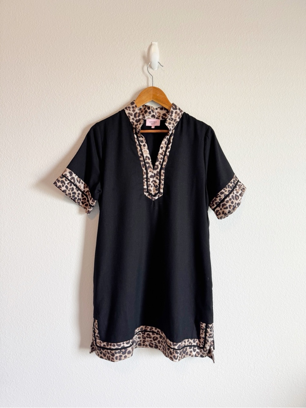 Entro Women's Black Leoapard Trim Linen Blend Tunic Dress Size Medium